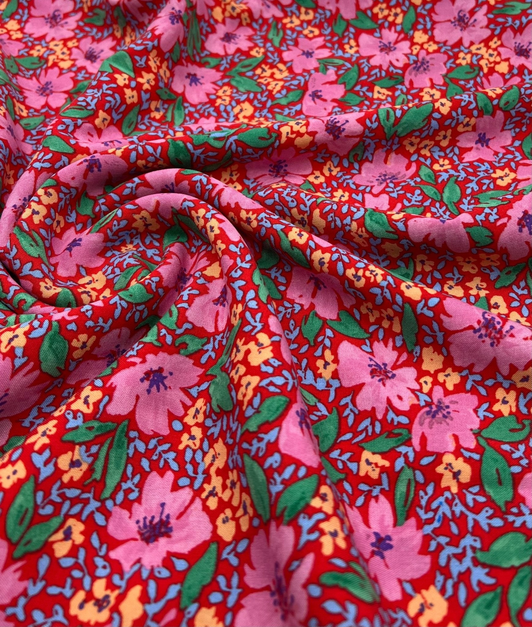 Red Pink Floral Lightweight Non Stretch Woven Fabric - T9 Fabrics